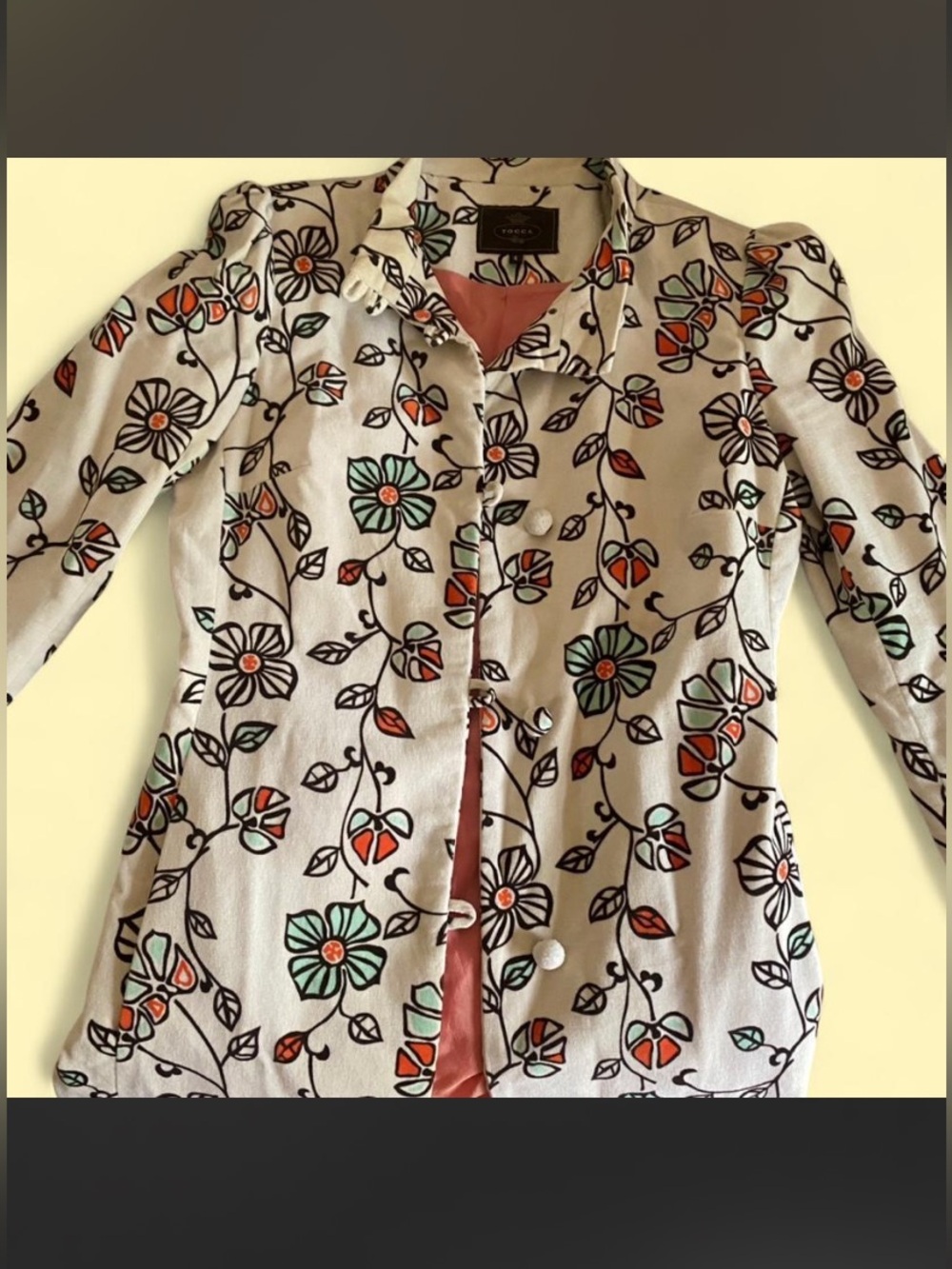 Tocca Ivory Floral Collared Coat with Coral & Mint Accents